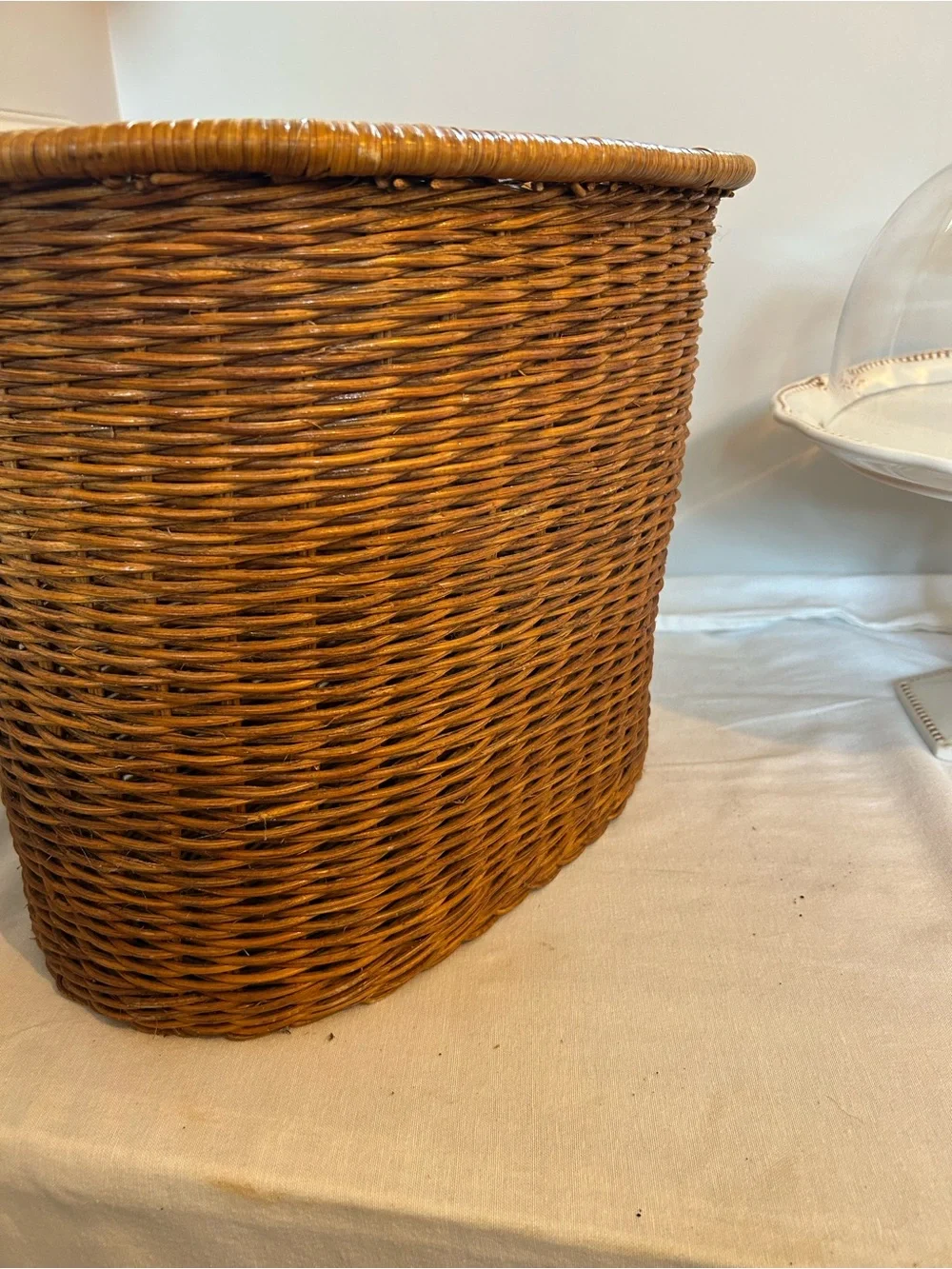 Woven Rattan Storage Basket with rope trim - Brown, trash can